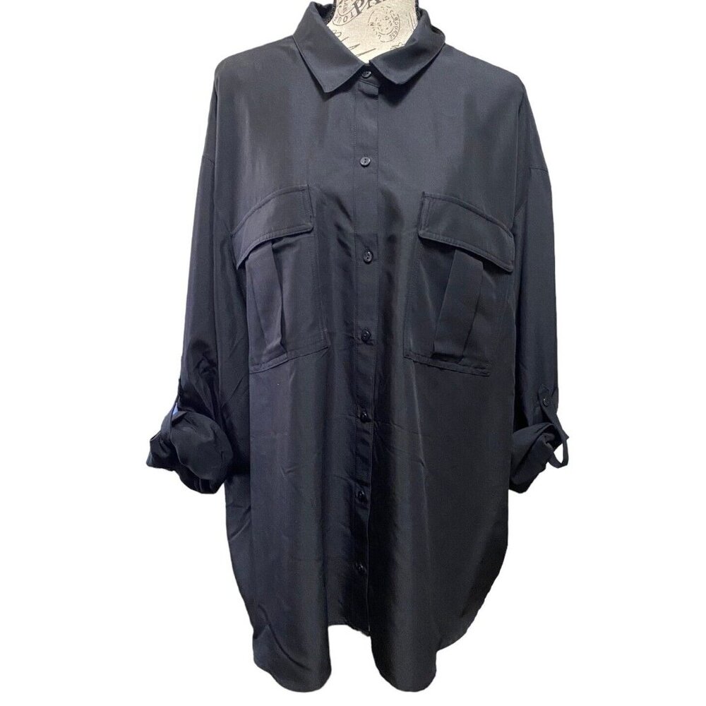 Old‎ Navy Top Long Roll Tab Sleeve Womens 2X Button Up Double Pockets Black XXL